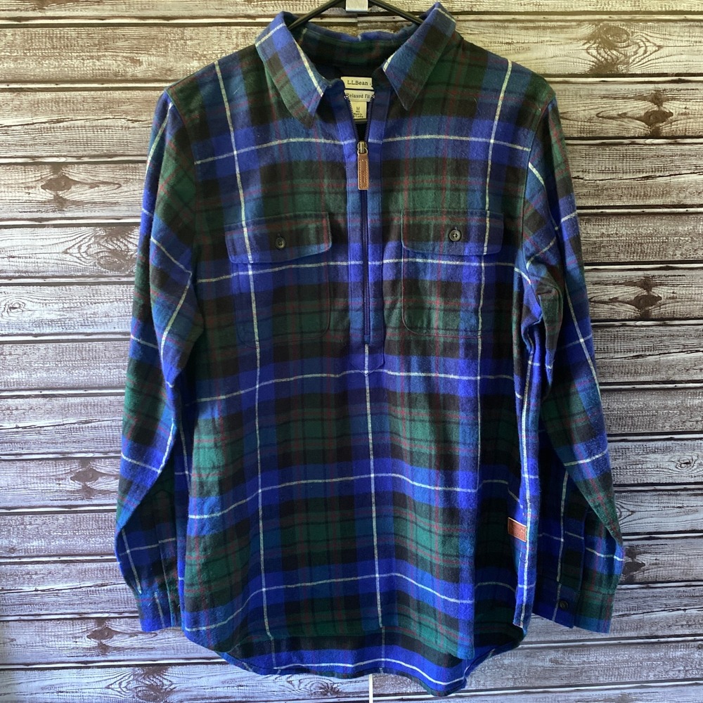 LL Bean Women's Flannel 1/4-Zip Long-Sleeved Top Size M Plaid Logo Relaxed Fit